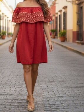 Women’s Red Off-Shoulder Embroidered Mini Dress